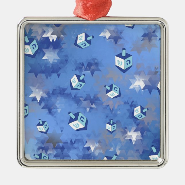 Happy Hanukkah Falling Stars and Dreidels Metal Ornament (Front)