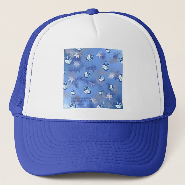 Happy Hanukkah Falling Stars and Dreidels Trucker Hat (Front)