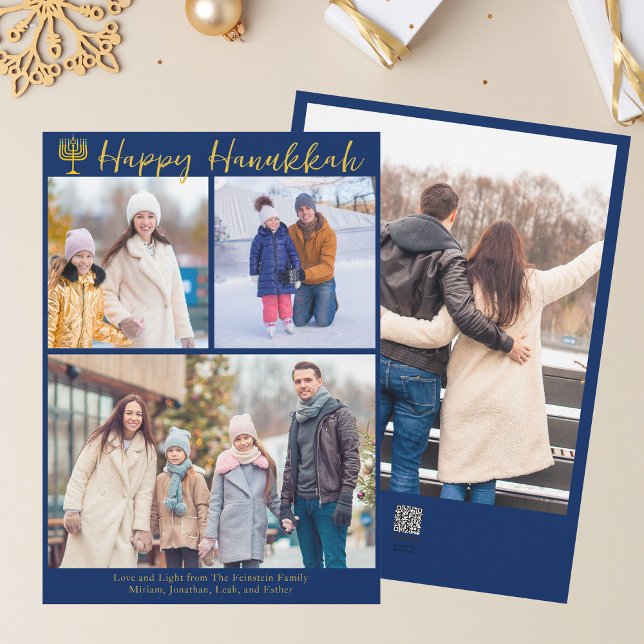 Happy Hanukkah Family 3 Photo Collage Modern Blue Holiday Card (Creator Uploaded)