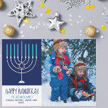 Happy Hanukkah Family Photo Blue Menorah Card<br><div class="desc">This cute,  trendy Happy Hanukkah card features a beautiful menorah on a blue background. This beautiful Jewish photo holiday card features your own photograph next to your family name.</div>
