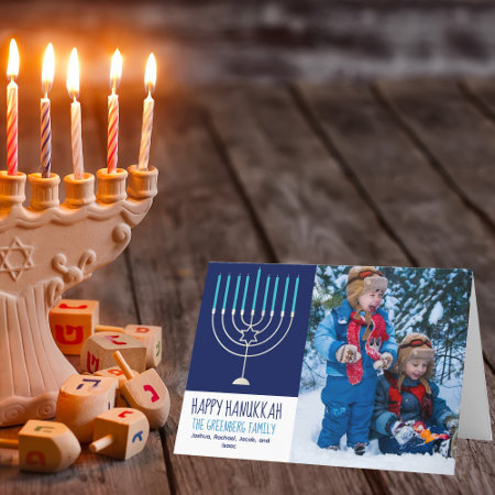 Happy Hanukkah Family Photo Blue Menorah Folded Holiday Card