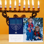 Happy Hanukkah Family Photo Blue Menorah Silver Foil Holiday Card<br><div class="desc">This cute,  trendy Happy Hanukkah silver foil folded card features a beautiful menorah on a blue background. This beautiful Jewish photo holiday card features your own photograph next to your family name.</div>