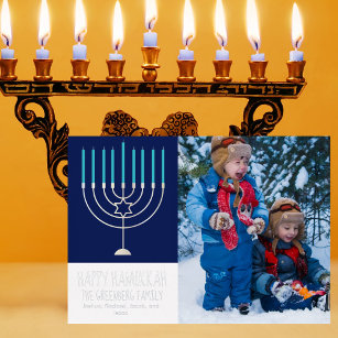 Happy Hanukkah Family Photo Blue Menorah Silver Foil Holiday Card