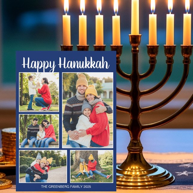 Happy Hanukkah Family Photo Collage Blue Pattern Holiday Card (Creator Uploaded)