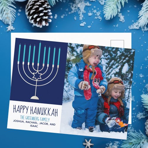 Happy Hanukkah Family Photo Cute Blue Menorah Postcard