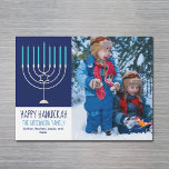 Happy Hanukkah Family Photo Menorah Magnet Card<br><div class="desc">This cute,  trendy Happy Hanukkah magnet card features a beautiful menorah on a blue background. This beautiful Jewish photo magnetic holiday card features your own photograph next to your family name.</div>
