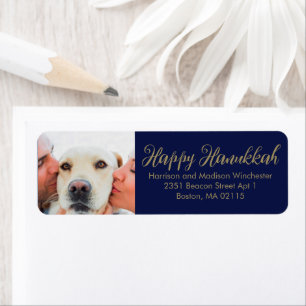 Happy Hanukkah family photo script dark navy blue Label