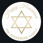 Happy Hanukkah Faux Gold Star of David White Classic Round Sticker<br><div class="desc">Accent your holiday mailings and gifts with these elegant Hanukkah stickers. The design features a faux gold Star of David on a white background in the center. Above it reads "Happy Hanukkah" Below is your family name which may be personalized. This matches our Gold Star of David Hanukka and Chanuka...</div>