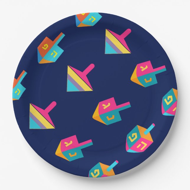 Happy Hanukkah Festival dreidel Holiday Decoration Paper Plates (Front)
