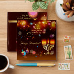 Happy Hanukkah Festival of Lights Gold 75th Envelope<br><div class="desc">Envelope Happy Hanukkah Festival of Lights. For Beautiful Holiday Greeting Card. Jewish Holiday Hanukkah Bokeh lights background with traditional Chanukah symbols - wooden dreidels (spinning top), donuts, menorah, candles, star of David and glowing lights wallpaper pattern. Hanukkah Festival Gold Decoration. Jerusalem, Israel. Invitations & Stationery, Greeting Cards, Mailing Accessories, Envelopes...</div>