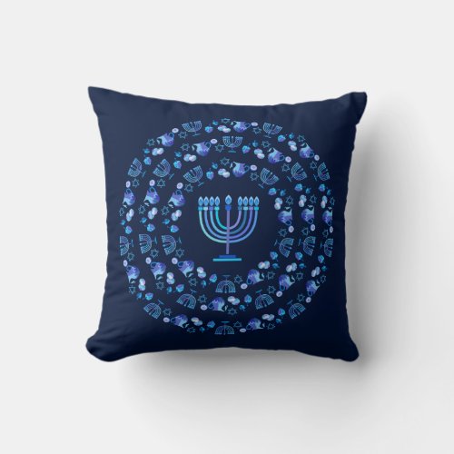 Happy Hanukkah Festival of Lights Party Mandala Throw Pillow