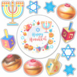 Happy Hanukkah Festival Party Holiday Symbols Sticker<br><div class="desc">Chanukkah labels stickers set. Happy Hanukkah Party Jewish Holiday Menorah, Donuts, Dreidel. Jewish Holiday Chanukkah Decoration with traditional Chanuka decorative symbol - Colorful Cartoon Hanukkiah menorah, candlestick with candles, Donuts, Wooden Dreidel (spinning top toy) star of David and glowing lights illustration. Hanukkah Festival of lights Event Decoration. Jerusalem, Israel. Crafts...</div>