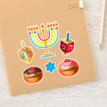 Happy Hanukkah Festival Party Holiday Symbols Sticker<br><div class="desc">Chanukkah labels stickers. Happy Hanukkah Party Jewish Holiday Menorah, Donuts, Dreidel. Jewish Holiday Chanukkah Decoration with traditional Chanuka decorative symbol - Colorful Cartoon Hanukkiah menorah, candlestick with candles, Donuts, Wooden Dreidel (spinning top toy) star of David and glowing lights illustration. Hanukkah Festival of lights Event Decoration. Jerusalem, Israel. Crafts &...</div>