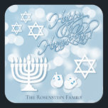 Happy Hanukkah Festive Collage Square Sticker<br><div class="desc">These festive stickers make great gift tags or envelope seals. They feature a festive blue and whit collage with a menorah,  dreidel,  and several stars of David on a background of bokeh or soft focus lights. There is space for a name or short message.</div>