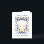Happy Hanukkah Festive Watercolor Menorah Floral Holiday Card<br><div class="desc">Happy Hanukkah! Send Hanukkah greetings to family and friends with this elegant folded card. It features watercolor Menorah and elegant wreath foliage in a sophisticated palette of gold, light blue, and navy blue. Customize the card with your favorite message and two lines of custom text to add a personal touch...</div>