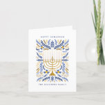Happy Hanukkah Festive Watercolor Menorah Floral Holiday Card<br><div class="desc">Happy Hanukkah! Send Hanukkah greetings to family and friends with this elegant folded card. It features watercolor Menorah and elegant wreath foliage in a sophisticated palette of gold, light blue, and navy blue. Customize the card with your favorite message and two lines of custom text to add a personal touch...</div>