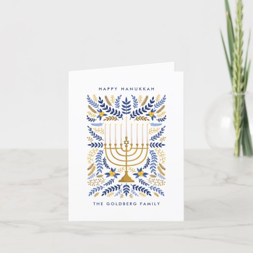 Happy Hanukkah Festive Watercolor Menorah Floral Holiday Card