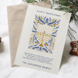 Happy Hanukkah Festive Watercolor Menorah Floral Holiday Card<br><div class="desc">Happy Hanukkah! Send Hanukkah greetings to family and friends with this elegant flat card. It features watercolor Menorah and elegant wreath foliage in a sophisticated palette of gold, light blue, and navy blue. Customize the card with your favorite message and two lines of custom text to add a personal touch...</div>