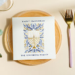 Happy Hanukkah Festive Watercolor Menorah FOLIAGE Napkins<br><div class="desc">Add a personal touch to your Hanukkah Table with these elegant floral paper napkins featuring watercolor Menorah adorned with elegant wheat foliage in a sophisticated palette of gold,  light blue,  and navy blue with two lines of custom text.</div>
