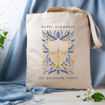 Happy Hanukkah Festive Watercolor Menorah FOLIAGE Tote Bag<br><div class="desc">Add a personal touch to your Hanukkah with these elegant floral bag featuring watercolor Menorah adorned with elegant wheat foliage in a sophisticated palette of gold,  light blue,  and navy blue with two lines of custom text.</div>