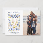 Happy Hanukkah Festive Watercolor Menorah Photo   Holiday Card<br><div class="desc">Happy Hanukkah! Send Hanukkah greetings to family and friends with this elegant photo flat card. It features watercolor Menorah and elegant wreath foliage in a sophisticated palette of gold, light blue, and navy blue. Customize the card with your cherished vertical photo and two lines of custom text to add a...</div>