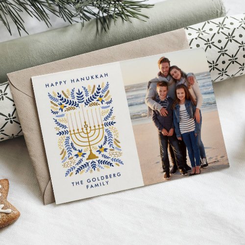 Happy Hanukkah Festive Watercolor Menorah Photo   Holiday Card