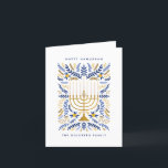 Happy Hanukkah Festive Watercolor Menorah Photo Holiday Card<br><div class="desc">Happy Hanukkah! Send Hanukkah greetings to family and friends with this elegant folded photo card. It features watercolor Menorah and elegant wreath foliage in a sophisticated palette of gold, light blue, and navy blue. Customize the card with your favorite message and two lines of custom text to add a personal...</div>