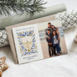 Happy Hanukkah Festive Watercolor Menorah Photo   Holiday Postcard<br><div class="desc">Happy Hanukkah! Send Hanukkah greetings to family and friends with this elegant photo postcard. It features watercolor Menorah and elegant wreath foliage in a sophisticated palette of gold, light blue, and navy blue. Customize the card with your cherished vertical photo and two lines of custom text to add a personal...</div>