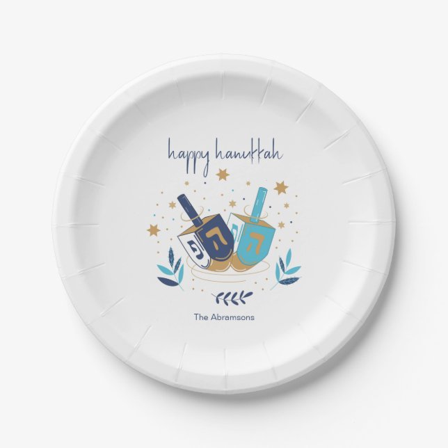 Happy Hanukkah Floral Dreidel Paper Plates (Front)