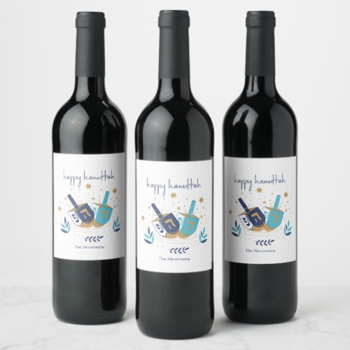 Happy Hanukkah Floral Dreidel Wine Label
