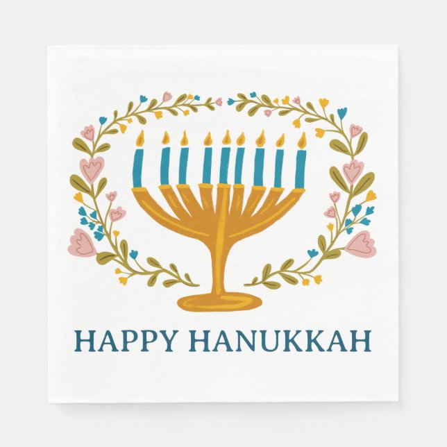 HAPPY HANUKKAH Floral MENORAH Jewish Holiday  Napkins (Front)