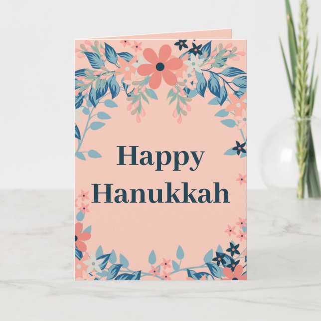 Happy Hanukkah Floral Pink and Blue Holiday Card (Front)