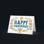HAPPY HANUKKAH floral wreath Jewish Customizable  Card<br><div class="desc">Hand drawn text and florals by me for you.  Add your own text to the inside of the card or change the background colors. For more designs and colors check my shop! Or let me know if you'd like something custom.  Ask if you don't find what you need! :)</div>