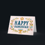 HAPPY HANUKKAH floral wreath Jewish Customizable  Card<br><div class="desc">Hand drawn text and florals by me for you.  Add your own text to the inside of the card or change the background colors. For more designs and colors check my shop! Or let me know if you'd like something custom.  Ask if you don't find what you need! :)</div>