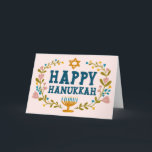 HAPPY HANUKKAH floral wreath Jewish Customizable  Card<br><div class="desc">Hand drawn text and florals by me for you.  Add your own text to the inside of the card or change the background colors. For more designs and colors check my shop! Or let me know if you'd like something custom.  Ask if you don't find what you need! :)</div>
