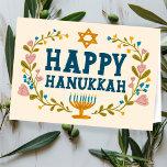 HAPPY HANUKKAH floral wreath Jewish Customizable  Card<br><div class="desc">Hand drawn text and florals by me for you.  Add your own text to the inside of the card or change the background colors. For more designs and colors check my shop! Or let me know if you'd like something custom.  Ask if you don't find what you need! :)</div>