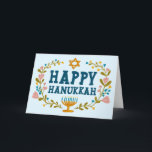 HAPPY HANUKKAH floral wreath Jewish Customizable  Card<br><div class="desc">Hand drawn text and florals by me for you.  Add your own text to the inside of the card or change the background colors. For more designs and colors check my shop! Or let me know if you'd like something custom.  Ask if you don't find what you need! :)</div>