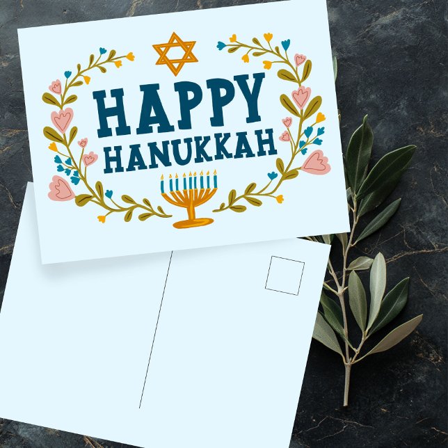 HAPPY HANUKKAH floral wreath Jewish Customizable  Postcard (HAPPY HANUKKAH floral wreath Jewish Customizable Postcard
)