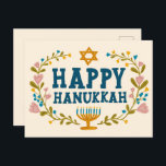 HAPPY HANUKKAH floral wreath Jewish Customizable  Postcard<br><div class="desc">Hand drawn text and florals by me for you.  Add your own text to the back of the postcard or change the background colors. For more designs and colors check my shop! Or let me know if you'd like something custom.  Ask if you don't find what you need! :)</div>