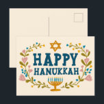 HAPPY HANUKKAH floral wreath Jewish Customizable  Postcard<br><div class="desc">Hand drawn text and florals by me for you.  Add your own text to the back of the postcard or change the background colors. For more designs and colors check my shop! Or let me know if you'd like something custom.  Ask if you don't find what you need! :)</div>