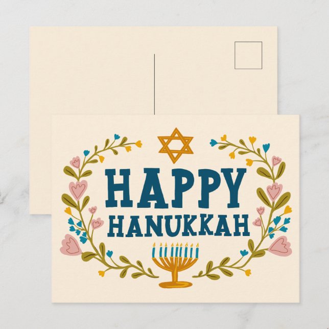 HAPPY HANUKKAH floral wreath Jewish Customizable  Postcard (Front/Back)