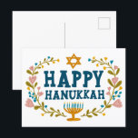 HAPPY HANUKKAH floral wreath Jewish Customizable  Postcard<br><div class="desc">Hand drawn text and florals by me for you.  Add your own text to the back of the postcard or change the background colors. For more designs and colors check my shop! Or let me know if you'd like something custom.  Ask if you don't find what you need! :)</div>