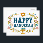 HAPPY HANUKKAH floral wreath Jewish Customizable  Postcard<br><div class="desc">Hand drawn text and florals by me for you.  Add your own text to the back of the postcard or change the background colors. For more designs and colors check my shop! Or let me know if you'd like something custom.  Ask if you don't find what you need! :)</div>
