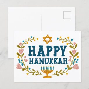 HAPPY HANUKKAH floral wreath Jewish Customizable  Postcard