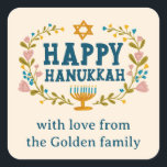 HAPPY HANUKKAH floral wreath Jewish Holiday CUSTOM Square Sticker<br><div class="desc">Hand drawn text and florals by me for you.  Click "personalize" to edit the text. For more designs and colors check my shop! Or let me know if you'd like something custom.  Ask if you don't find what you need! :)</div>