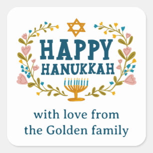 HAPPY HANUKKAH floral wreath Jewish Holiday CUSTOM Square Sticker