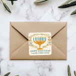 HAPPY HANUKKAH floral wreath Jewish Holiday CUSTOM Square Sticker<br><div class="desc">Hand drawn florals by me for you.  Click "personalize" to edit the text. For more designs and colors check my shop! Or let me know if you'd like something custom.  Ask if you don't find what you need! :)</div>