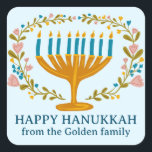 HAPPY HANUKKAH floral wreath Jewish Holiday CUSTOM Square Sticker<br><div class="desc">Hand drawn florals by me for you.  Click "personalize" to edit the text. For more designs and colors check my shop! Or let me know if you'd like something custom.  Ask if you don't find what you need! :)</div>