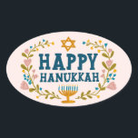 HAPPY HANUKKAH floral wreath Jewish Holiday  Oval Sticker<br><div class="desc">Hand drawn text and florals by me for you.  For more designs and colors check my shop! Or let me know if you'd like something custom.  Ask if you don't find what you need! :)</div>