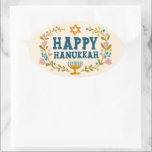 HAPPY HANUKKAH floral wreath Jewish Holiday  Oval Sticker<br><div class="desc">Hand drawn text and florals by me for you.  For more designs and colors check my shop! Or let me know if you'd like something custom.  Ask if you don't find what you need! :)</div>